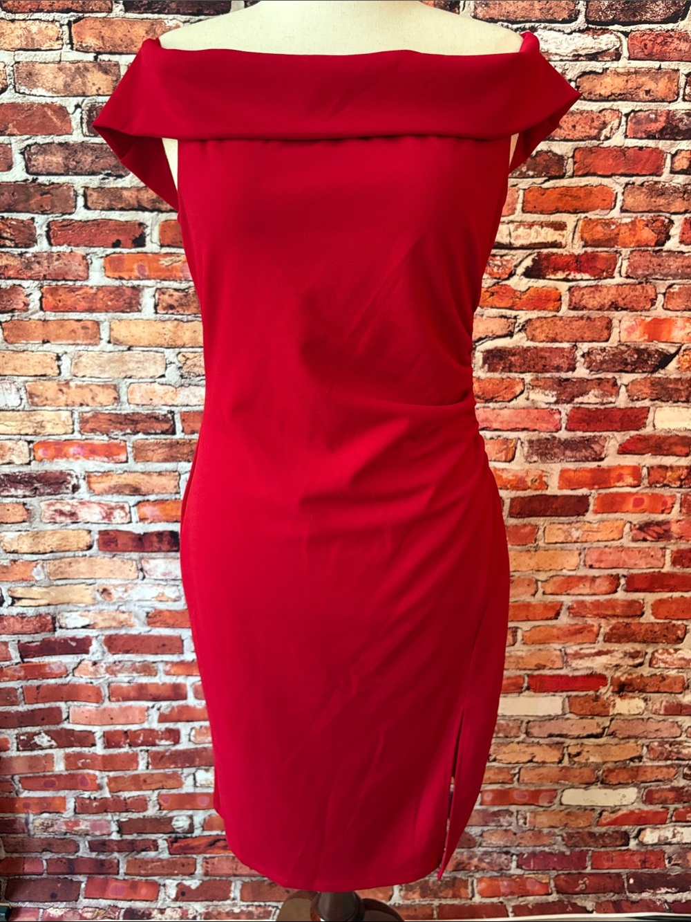 Premier Amour Elegant Off-Shoulder Red Midi Dress with Slit Size 14 Large